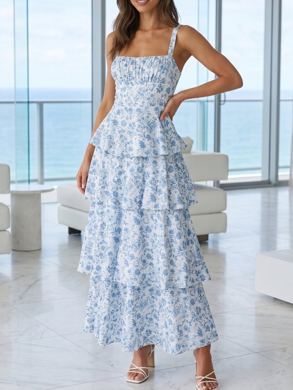 NWT REVOLVE Australia SHOWPO Mika & Gala Lorna blue white tiered midi dress US S